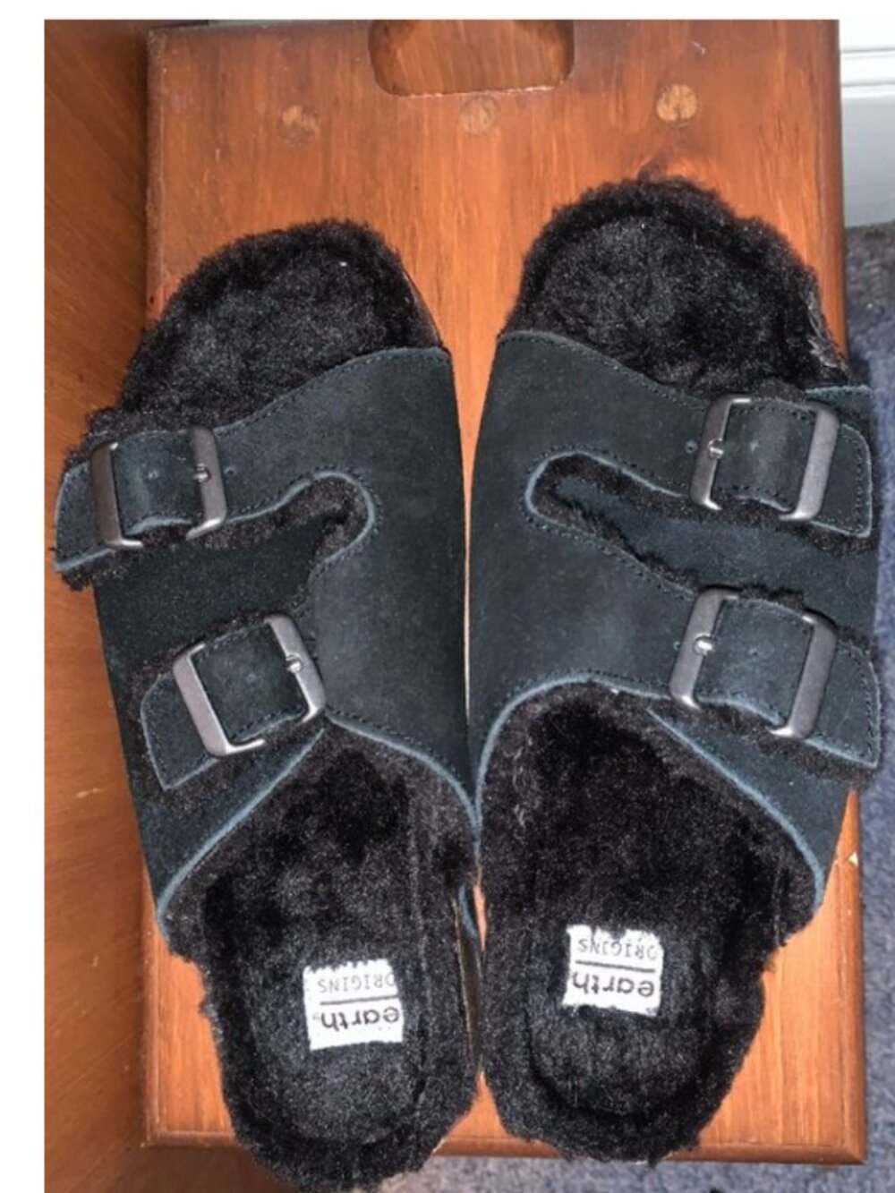 Earth Origins Black Suede Shearling Lined Double Buckle Sandals Cork Fluff 7.5